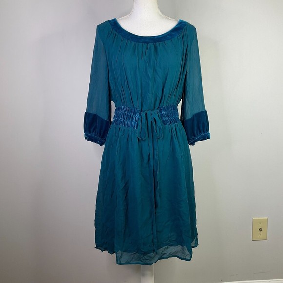 Eley Kishimoto Dress Women Size 4 Teal Blue Silk Sheer Lined Elastic Waist - Picture 3 of 14